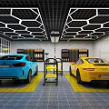 Modern 4S Dealership Showroom With Blue Yellow Cars Yellow Grid Floor And Honeycomb Ceiling Lights