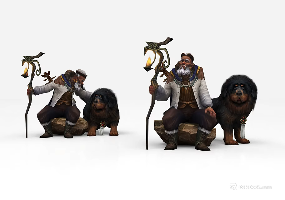 Two Fantasy Game Characters With Lantern Staffs And Large Dog Companions 3d model 