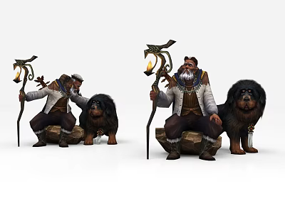 Two Fantasy Game Characters With Lantern Staffs And Large Dog Companions 3d model