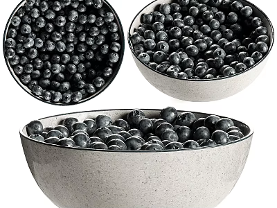 Fresh Blueberries In Ceramic Bowl And Piles 3d model