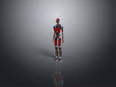 Game Movie Robot Character Red Metallic Mechanical Design Standing On Gray Reflective Surface 3d model