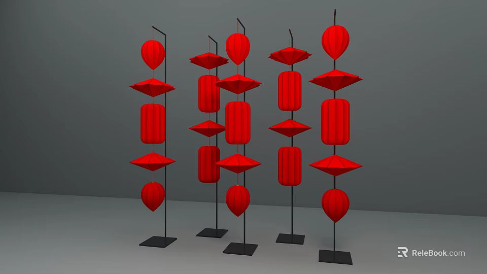 Red Lanterns Display with Various Shapes Round and Diamond Shaped on Black Stands Gray Background 3d model 