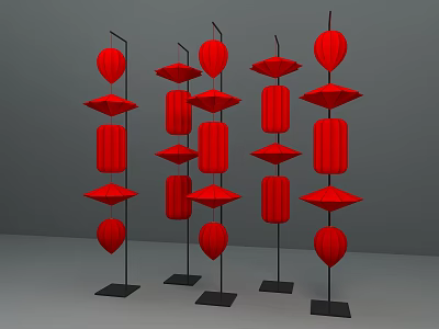 Red Lanterns Display with Various Shapes Round and Diamond Shaped on Black Stands Gray Background 3d model