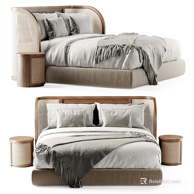 Modern Double Bed Design With Wooden Headboard Fabric Upholstery And Nightstands 3d model 