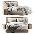 Modern Double Bed Design With Wooden Headboard Fabric Upholstery And Nightstands