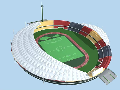 Multi tiered Stadium With Football Field Running Track Colorful Seats And White Roof 3d model