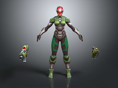 Armored Character In Green And Red Armor With Helmet And Weapons 3D Model Standing Pose 3d model