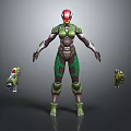 Armored Character In Green And Red Armor With Helmet And Weapons 3D Model Standing Pose