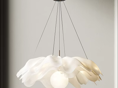 White Petal Shaped Modern Chandelier With Spherical Bulb And Metal Frame Hanging In Artistic Interior Design 3d model
