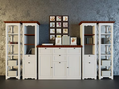 Rustic White Bookcase Design With Cabinets Drawers Glass Door Shelves And Wall Art Decor 3d model