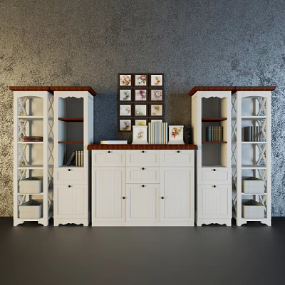 Rustic White Bookcase Design With Cabinets Drawers Glass Door Shelves And Wall Art Decor 3d model