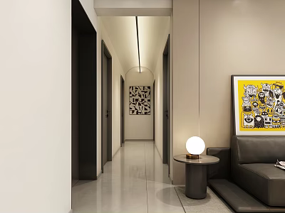 Modern Hallway Interior Design Featuring Irregular Pendant Light with Sofa Side Table and Art Painting 3d model