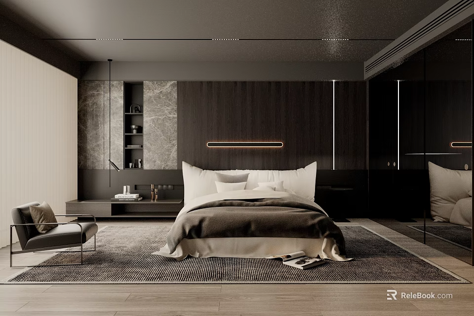 Modern Dark Bedroom Interior With Wooden Wall King Bed Gray Rug And Ceiling Lighting 3d model 