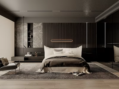 Modern Dark Bedroom Interior With Wooden Wall King Bed Gray Rug And Ceiling Lighting 3d model