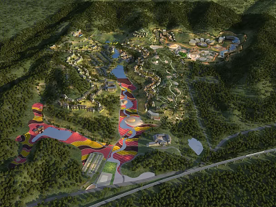 Aerial View Planning of Mountainous Landscape with Buildings Water Bodies Roads and Green Spaces 3d model