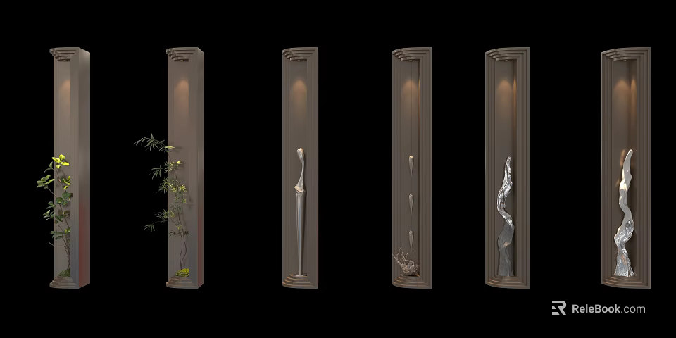Illuminated Vertical Wall Decor Panels With Bamboo Plants Sculptures Stones And Natural Elements 3d model 