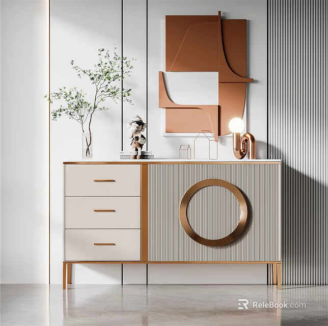 Elegant Modern Console Table With Drawers Circular Detail Gold Frame And Green Plant 3d model 