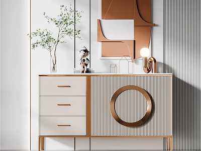 Elegant Modern Console Table With Drawers Circular Detail Gold Frame And Green Plant 3d model