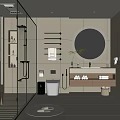 Modern Bathroom Interior Design With Glass Shower Round Mirror And Vanity