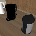 Wooden Kitchen Countertop With White Silver Kettles And Small Cup
