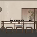 Traditional Oriental Tea Room Interior With Wooden Table Stools Hanging Lantern And Green Plant
