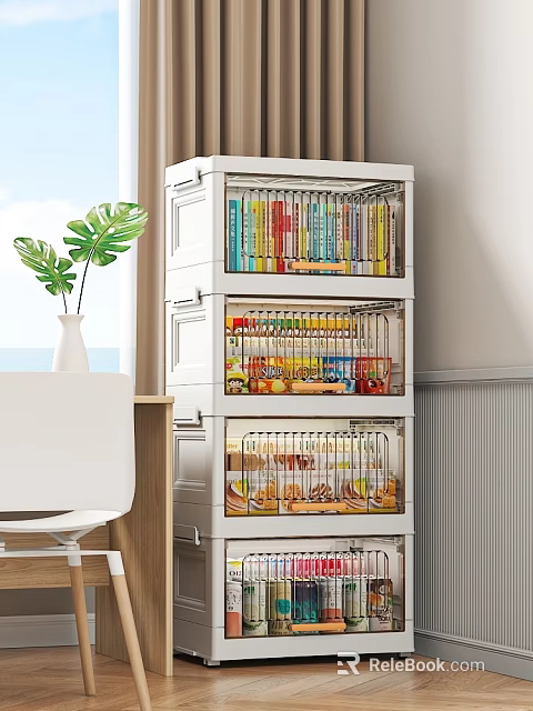 White Multilayer Storage Cabinet Rack With Transparent Doors For Organizing Home Books And Snacks 3d model 