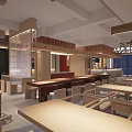 Modern Restaurant Interior With Long Wooden Tables And Colorful Wall Decorations