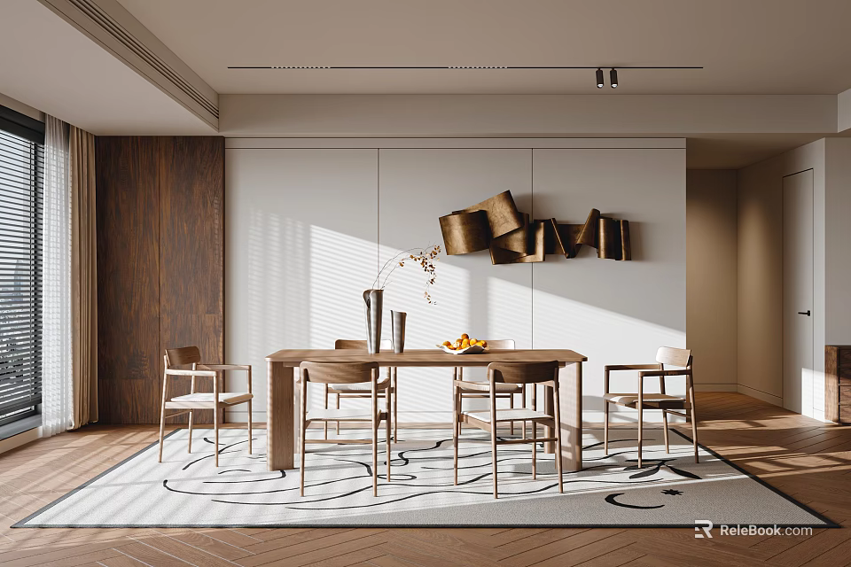 Modern Restaurant Interior With Wooden Dining Table Chairs Area Rug And Bright Lighting 3d model 