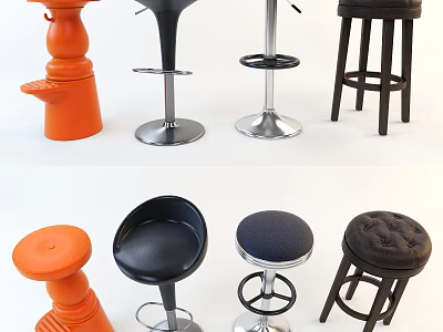 Modern Stylish Bar Stools with Colorful Seats Metal Bases and Wooden Legs 3d model