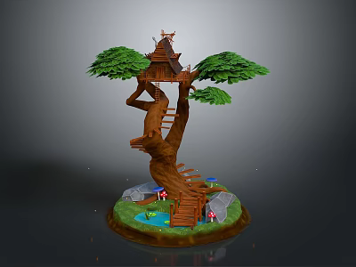 Whimsical Treehouse On Large Tree With Wooden Stairs Pond Mushrooms And Little Figures 3d model