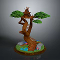 Whimsical Treehouse On Large Tree With Wooden Stairs Pond Mushrooms And Little Figures