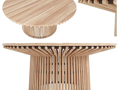 Modern Wooden Dining Table With Circular Top And Slatted Wooden Legs Design 3d model