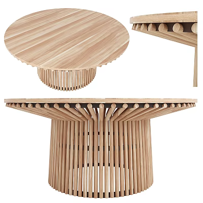 Modern Wooden Dining Table With Circular Top And Slatted Wooden Legs Design 3d model
