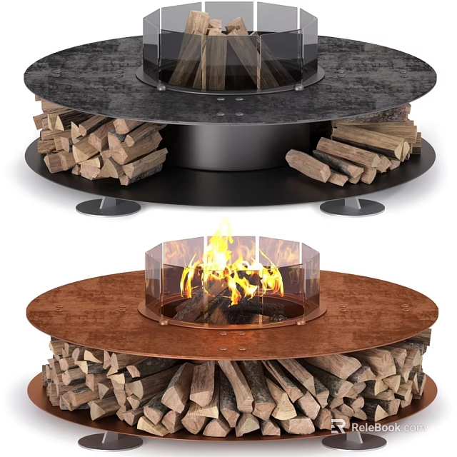 Modern Fire Pit Designs With Copper And Black Bases And Stacked Firewood Flames 3d model 
