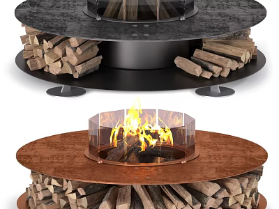 Modern Fire Pit Designs With Copper And Black Bases And Stacked Firewood Flames 3d model