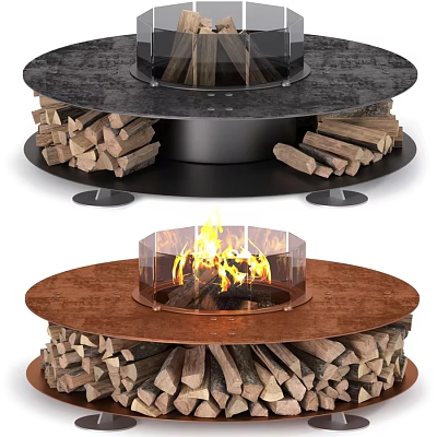 Modern Fire Pit Designs With Copper And Black Bases And Stacked Firewood Flames 3d model