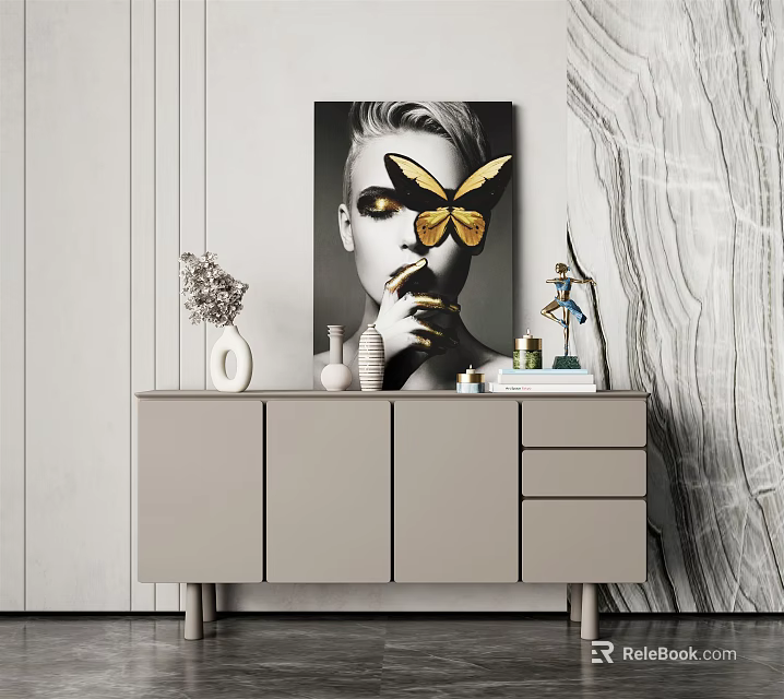 Modern Entryway Side Cabinet With Decorative Vases Artwork And Sculpture 3d model 