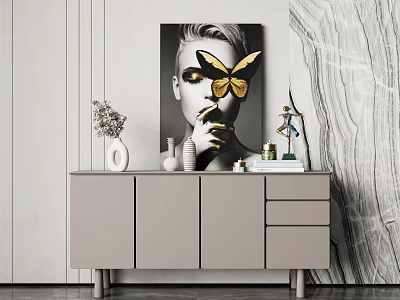Modern Entryway Side Cabinet With Decorative Vases Artwork And Sculpture 3d model