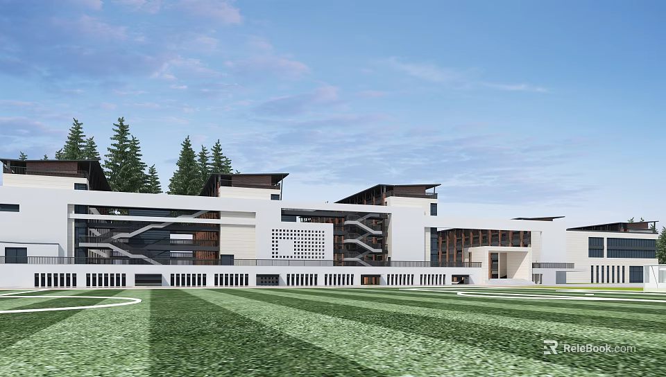 Modern Multi Storey School Building With Clean White Exterior Glass Curtain Walls And Green Lawn 3d model 