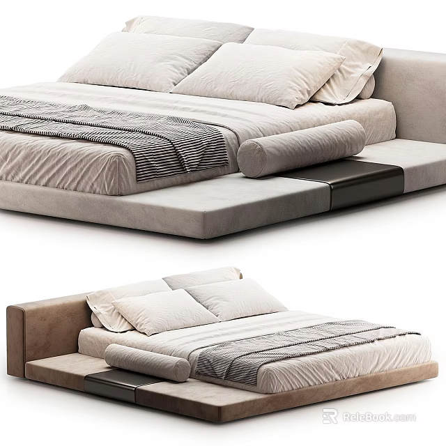 Modern Double Bed With Upholstered Headboard Plush Pillows And Bedside Bench Design 3d model 