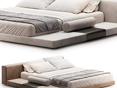 Modern Double Bed With Upholstered Headboard Plush Pillows And Bedside Bench Design 3d model