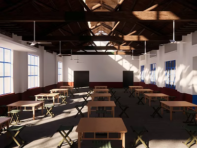 Sunlit Spacious Banquet Hall Interior With Wooden Roof Large Windows And Long Tables 3d model