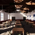 Sunlit Spacious Banquet Hall Interior With Wooden Roof Large Windows And Long Tables