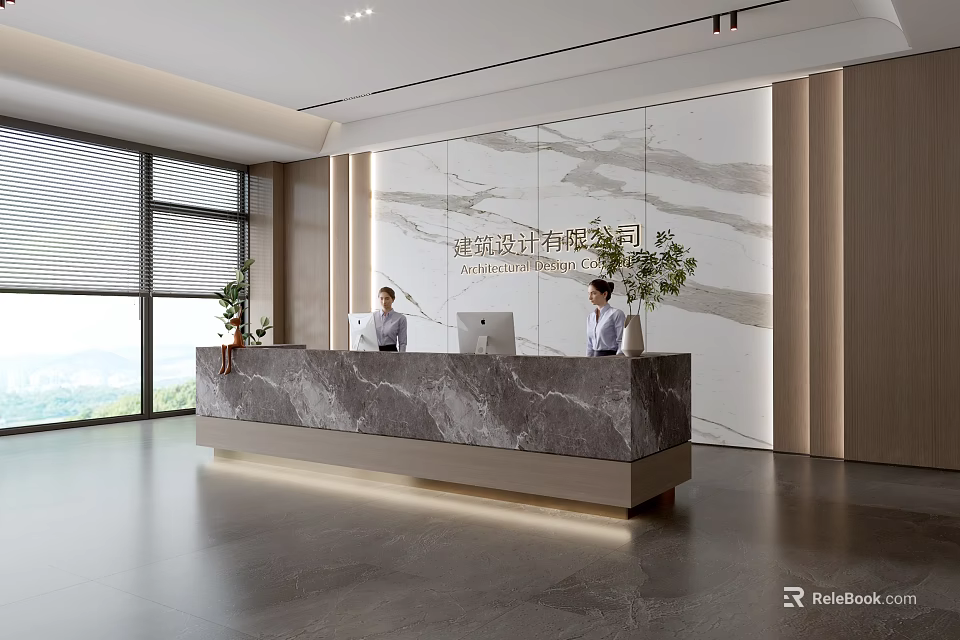 Modern Front Desk Reception Area With Marble Desk Green Plants And Professional Staff 3d model 