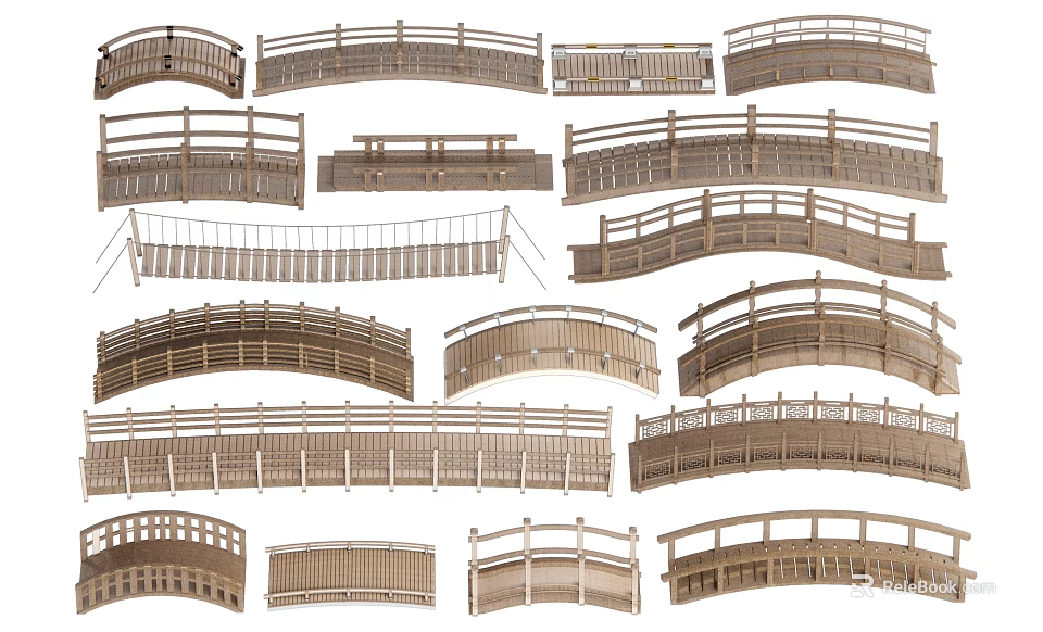 Various Wooden Landscape Bridge Designs Featuring Different Arch And Rail Styles 3d model