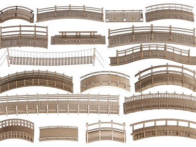 Various Wooden Landscape Bridge Designs Featuring Different Arch And Rail Styles 3d model