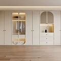 Modern Luxury White Built-in Wardrobe with Glass Doors Drawers Display Shelves and Wooden Floor