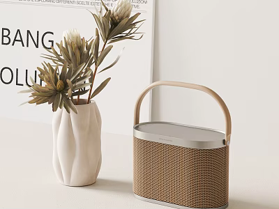 Portable Speaker With Brown Woven Texture Wooden Handle And Silver Frame In Minimalist Setting 3d model