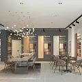 Modern Restaurant Interior With Marble Island Material Display Walls And Hanging Pendant Lights