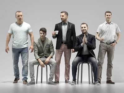 Five men standing and sitting in various casual semi formal outfits against grey background 3d model